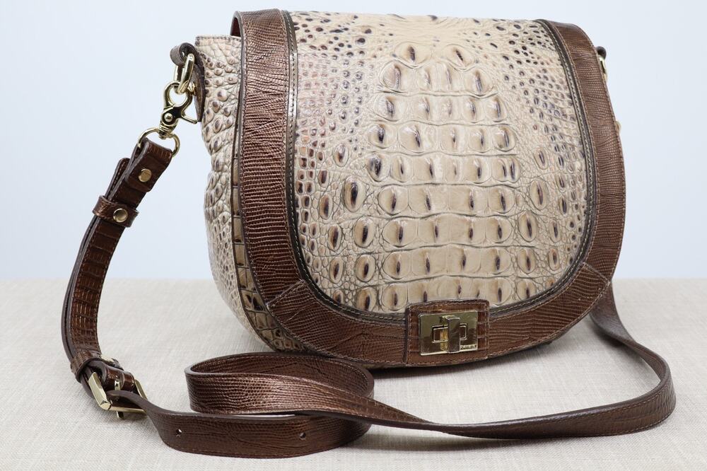 Brahmin Sonny Saddle Bag Armor Pennfield Embossed Leather Crossbody Brown
